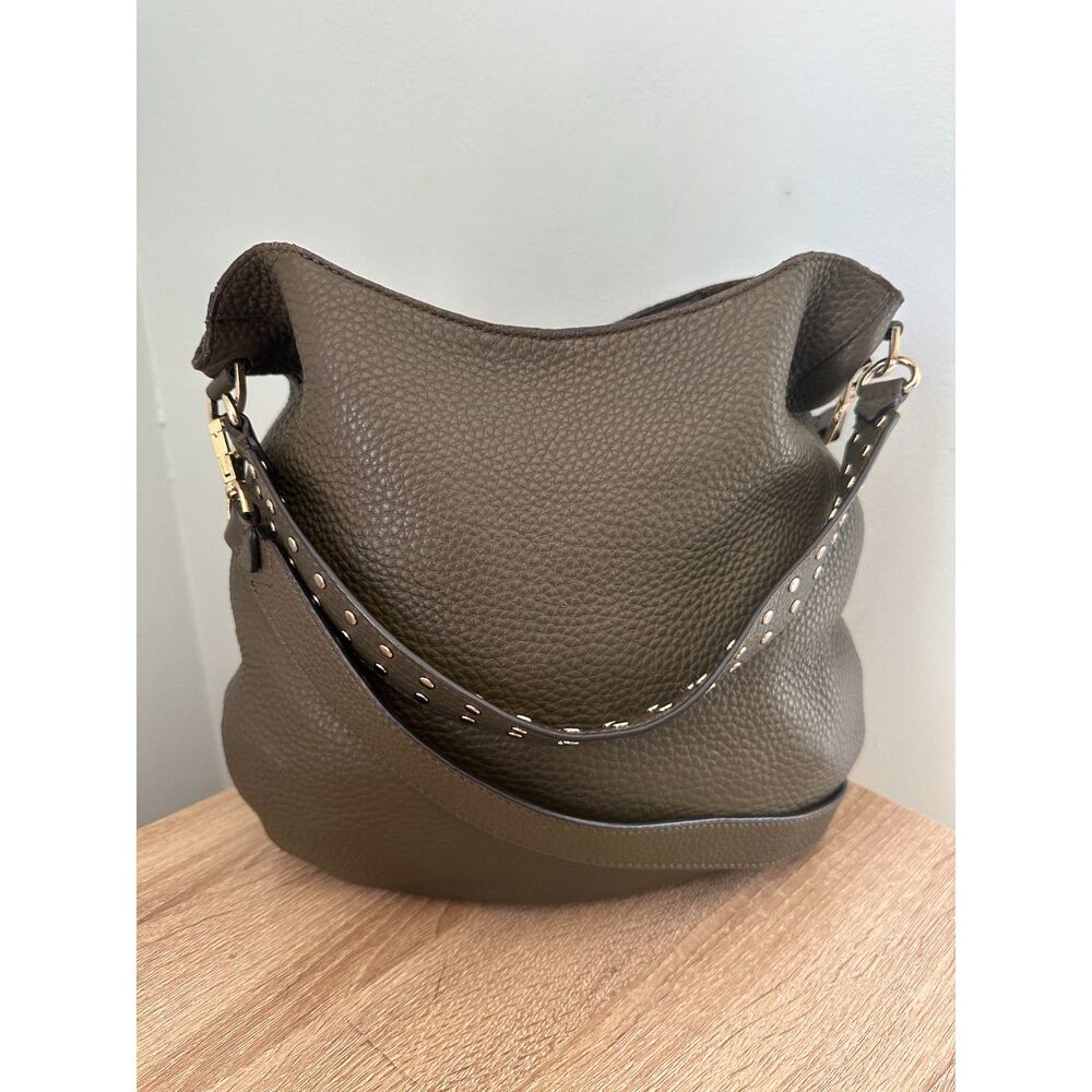 Rebecca Minkoff Olive Green Pebbled Leather Slouchy Hobo Bag Studded Crossbody